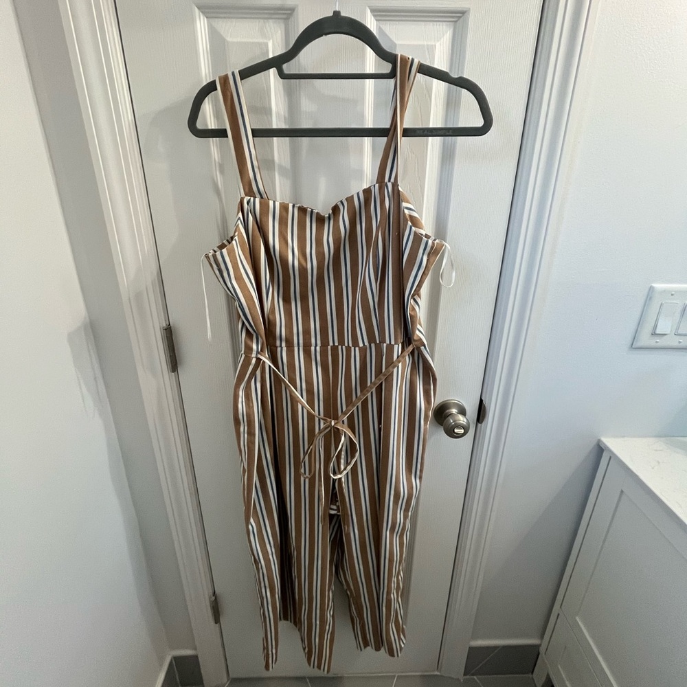Miss Selfridge brown, blue and white striped capri jumpsuit!
